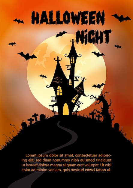 Silhueta castillo fantasma en la atmósfera de Halloween con luna gigante y palabras de Halloween en fondo naranja tarjeta de felicitación de Halloween en diseño vectorial