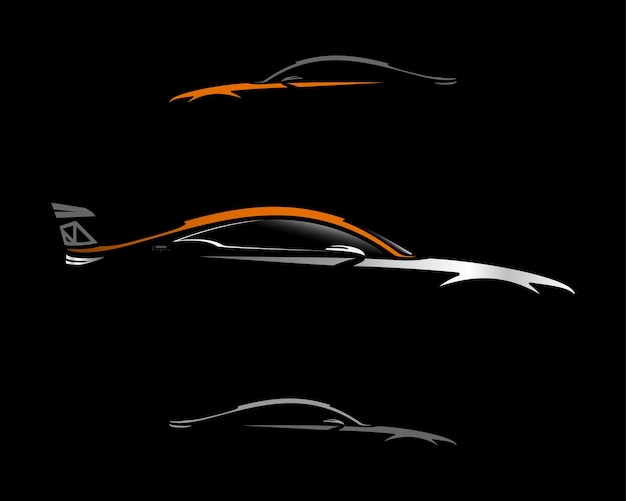Silhueta del concepto de cupé de automóviles aislada en naranja y gris sobre un fondo negro