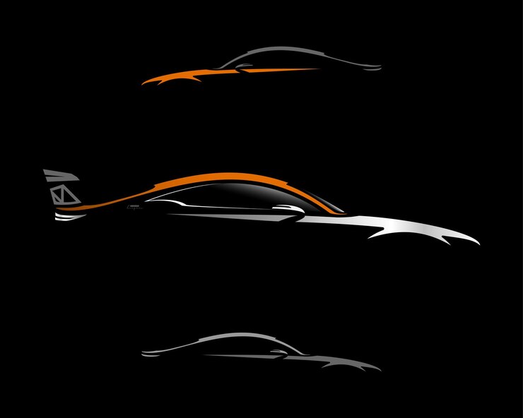 Silhueta del concepto de cupé de automóviles aislada en naranja y gris sobre un fondo negro