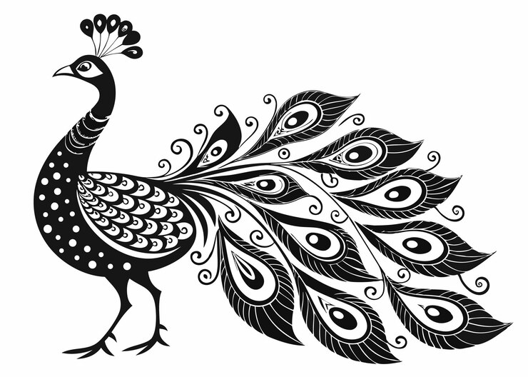 Silhueta estilizada de pájaro ornamental vectorial de pavo real blanco y negro