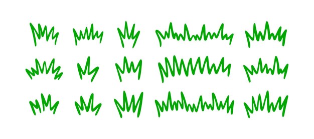 Silhueta de hierba dibujada a mano conjunto de garabatos arbusto de césped de línea verde en el vector de estilo de dibujo de boceto