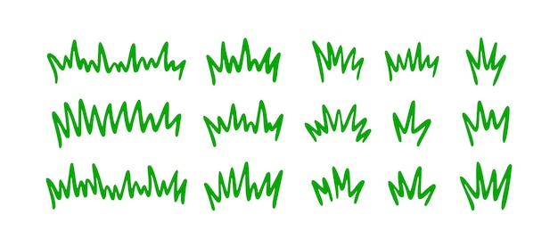 Silhueta de hierba dibujada a mano conjunto de garabatos arbusto de césped de línea verde en el vector de estilo de dibujo de boceto