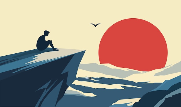 Silhueta de un hombre sentado solo en la cima de un acantilado rocoso Paisaje natural con un gran sol en el cielo al atardecer