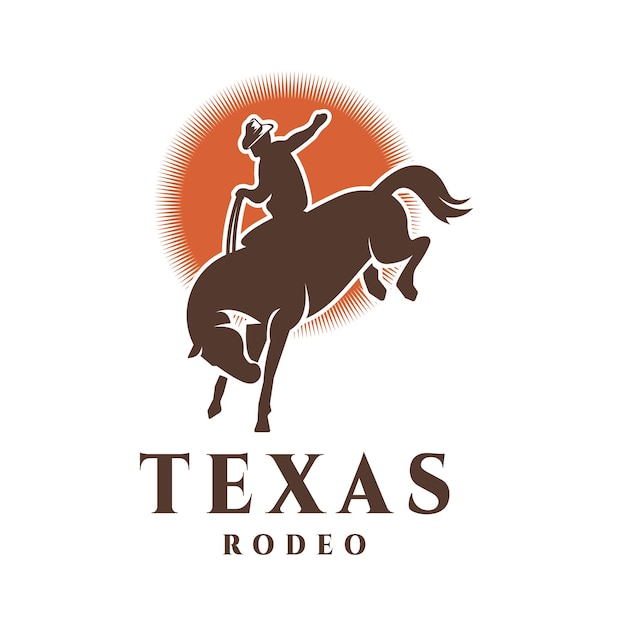 Silhueta de jinete salvaje con logotipo de vaquero Vintage Retro Texas Rodeo Ilustración de fondo diseño vectorial