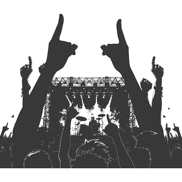 Vector silhueta manos levantadas en un festival de música color negro sólo