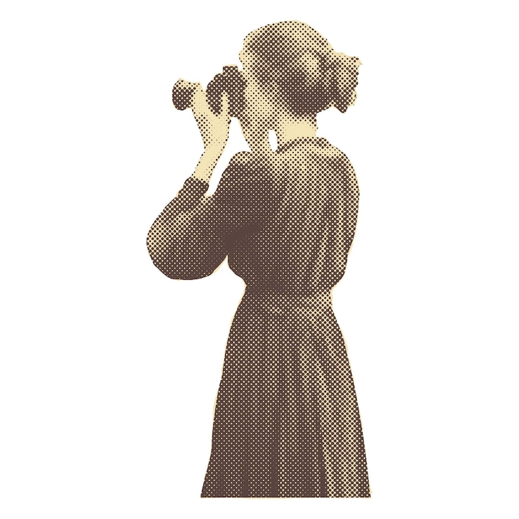 Vector silhueta de mujer retro en estilo grabado de medio tono con binoculares vintage evoca nostalgia atemporal