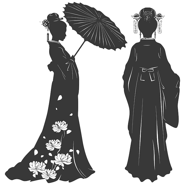 Vector silhueta mujeres chinas independientes que usan hanfu con paraguas de color negro sólo