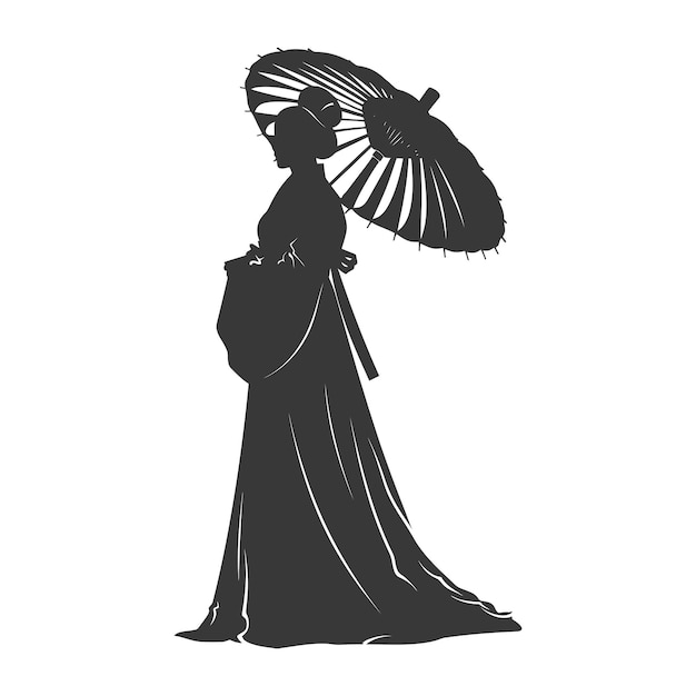 Vector silhueta de mujeres coreanas independientes que llevan hanbok con paraguas de color negro sólo