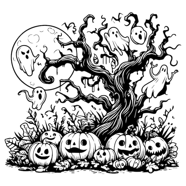 Silhueta negra con un árbol viejo, celebración de Halloween con fantasma y calabaza