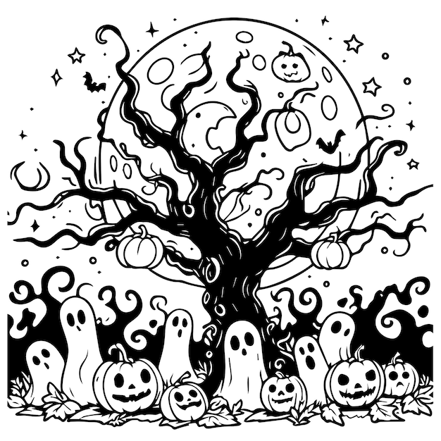 Silhueta negra con un árbol viejo, celebración de Halloween con fantasma y calabaza