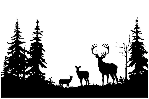 Silhueta negra Bosque vectorial y ciervo y pájaro de fondo blanco