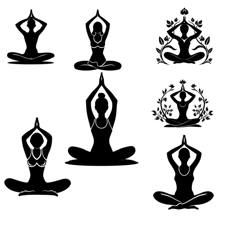 Silhueta negra de una mujer de yoga diferentes posturas vector de paquete