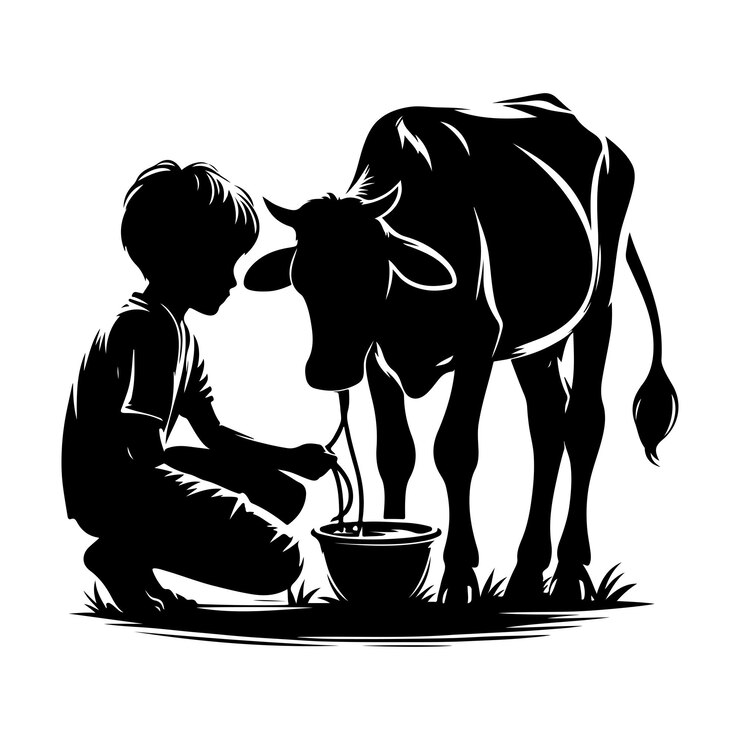 silhueta de vaca y niño arte vectorial