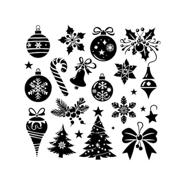 Silhueta vectorial de adornos navideños sobre un fondo blanco