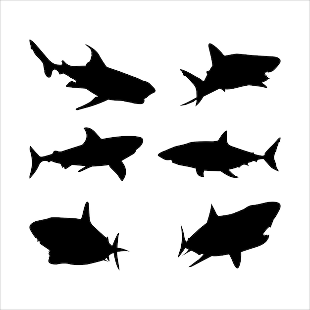 Silhuetas de dibujos a mano de peces tiburón