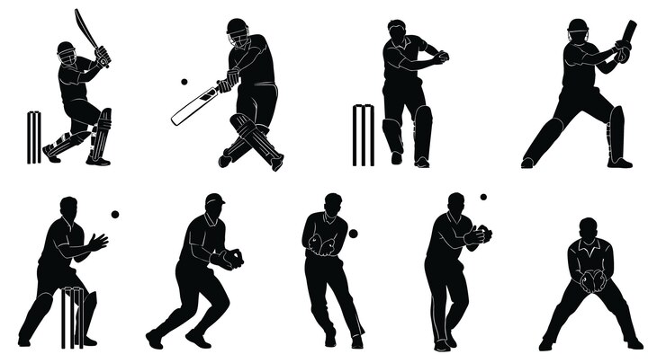Silhuetas de jugadores de cricket en acción