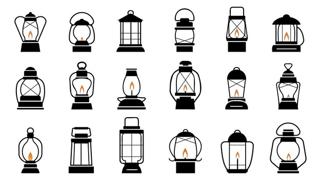 Silhuetas de linternas viejas negras linternas de campamento vacaciones decorativas elementos de luces retro tradicionales iconos de iluminación colección vectorial decente