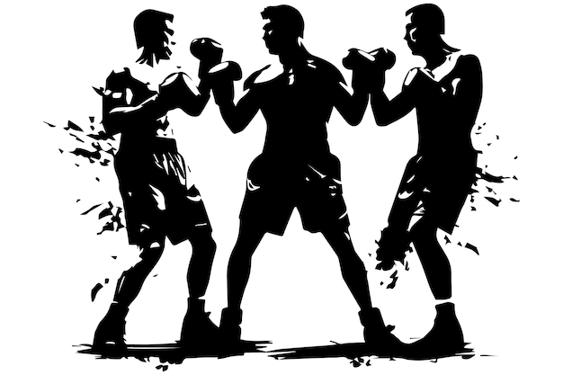 Silhuetas negras de boxeo de tres hombres