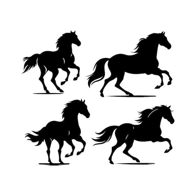 Silhuetas negras de caballos sobre un fondo blanco