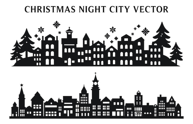 Silhuetas nocturnas del edificio de Navidad Conjunto de Vector de vista nocturna del edificio de navidad