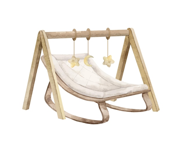 Silla de balanceo de madera para un bebé con un cojín suave y un arco con estrellas colgantes aislado