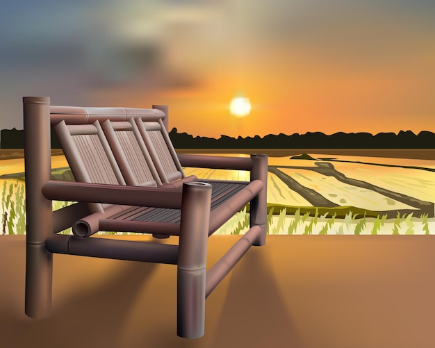 Silla de bambú con paisaje de puesta de sol en el fondo Ilustración vectorial