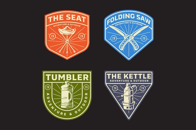 silla de campamento sierra plegable thermos botella de vaso de agua tetera insignia logotipo diseño vectorial para la aventura
