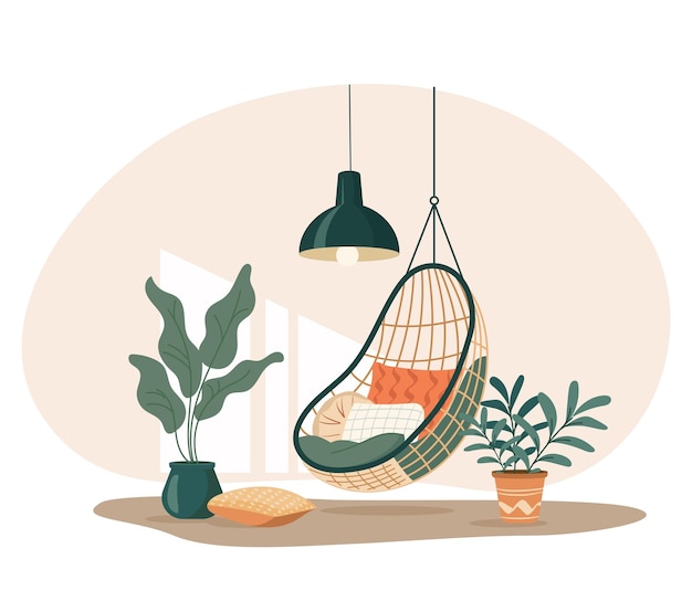 Silla colgante rodeada de plantas Ilustración vectorial de ratán de mimbre coco silla de columpio de jardín