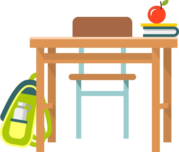 Silla de escritorio escolar Libros Mochila en el aula en estilo plano