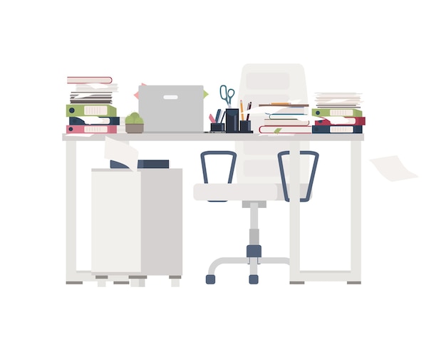 Vector silla y escritorio de oficina completamente cubiertos con documentos, carpetas, papelería. mesa llena de papeles. lugar de trabajo y abrumadora cantidad de trabajo. ilustración de vector de dibujos animados planos coloridos.