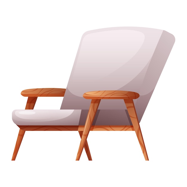 Silla de estilo escandinavo con patas de madera y tapicería blanca Ilustración vectorial en estilo de dibujos animados