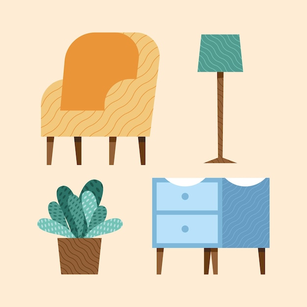 Vector silla, lámpara, planta y muebles.
