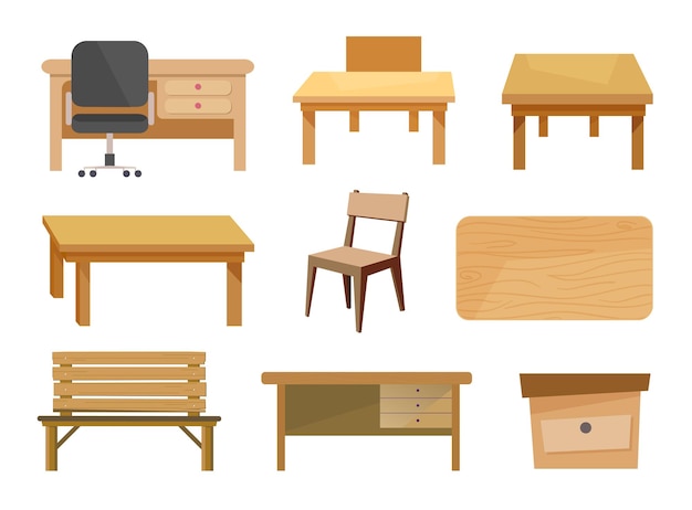 Silla y mesa conjunto de vectores de elementos de madera