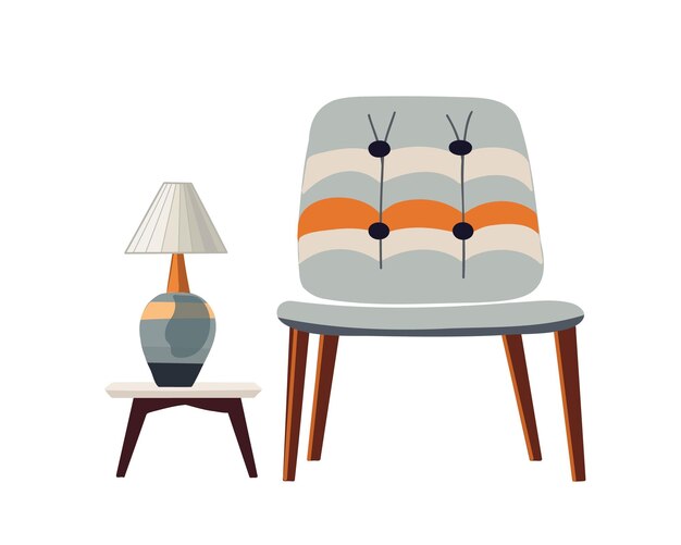 Silla o sillón tapizado a rayas grises con una mesa con una lámpara de mesa sobre un fondo blanco