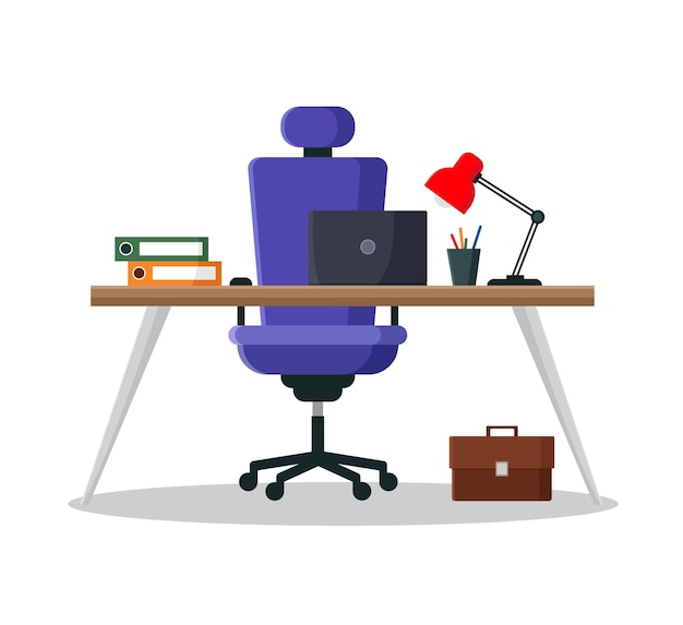 Silla de oficina, portátil y maletín Lugar de trabajo Ilustración vectorial en estilo plano