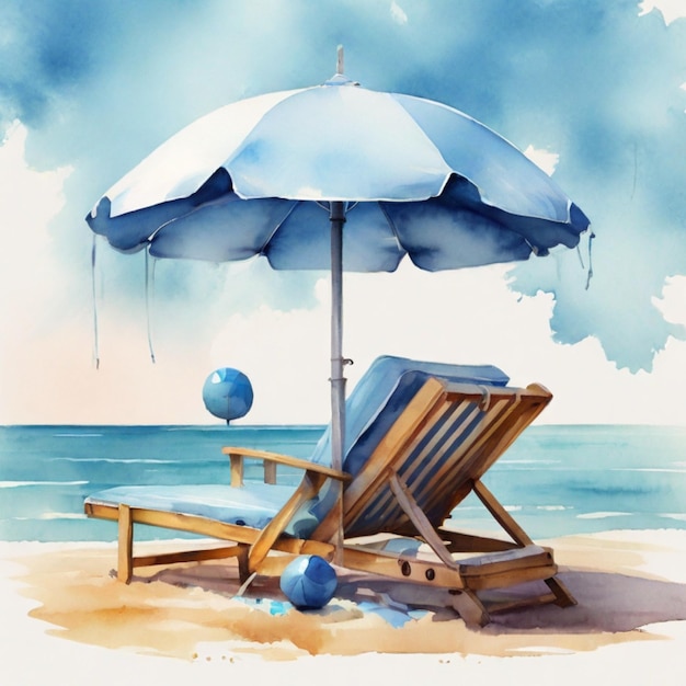 Silla de playa azul paraguas y bola Tiempo de vacaciones de verano