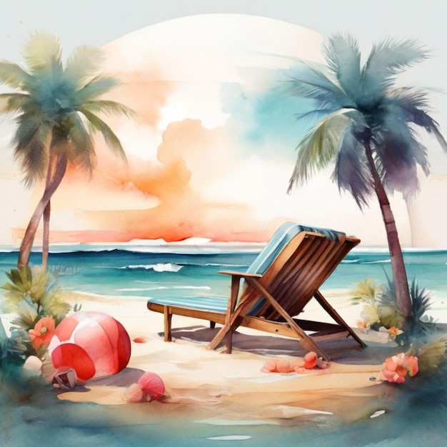 Silla de playa con paraguas y pelota Tiempo de vacaciones de verano