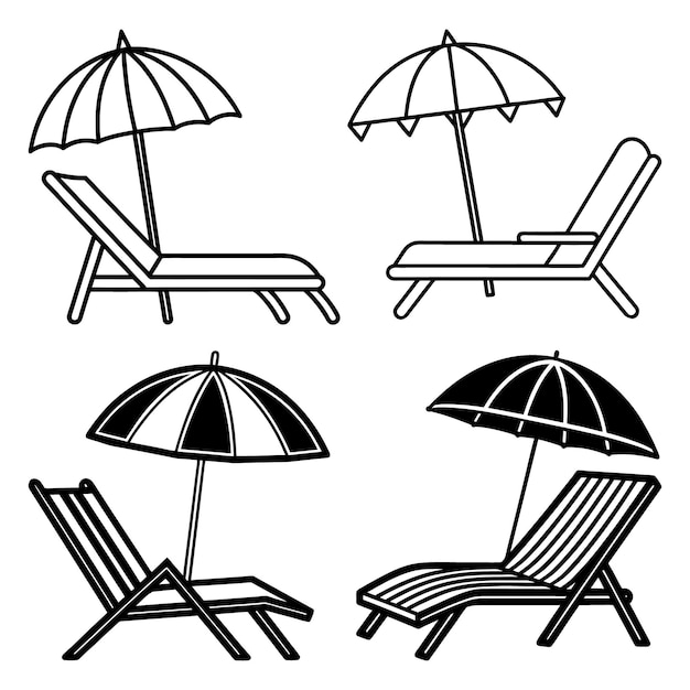 Silla de playa y paraguas silueta Clipart conjunto negro y blanco