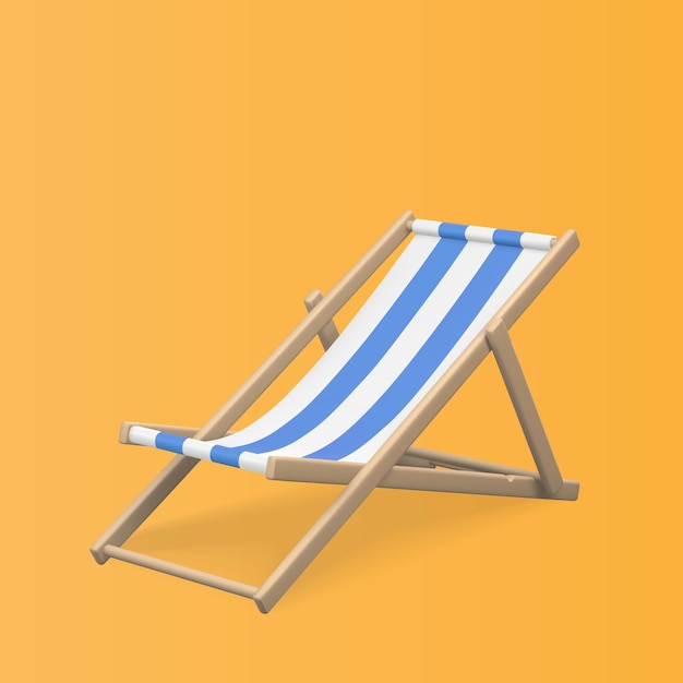 Silla de playa de rayas azules y blancas Tumbona 3D realista aislada sobre fondo naranja Objeto de verano Ilustración vectorial