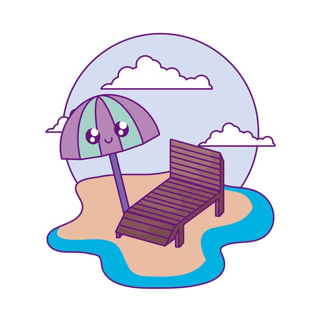 Silla de playa con sombrilla abierta kawaii en la playa