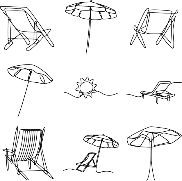 silla de playa de verano y objeto de sombrilla en una línea dibujo de ilustración continua