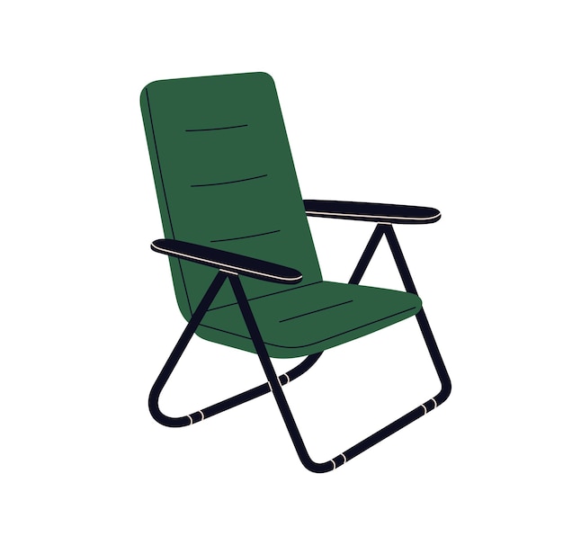 Silla plegable muebles de jardín y picnic portátiles con asiento y reposabrazos de tela cómodos Silla móvil plegable para acampar al aire libre Ilustración vectorial plana aislada sobre fondo blanco