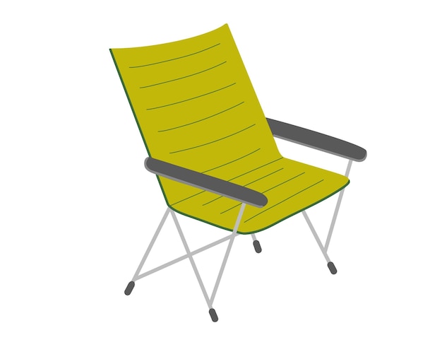 Silla plegable de picnic para acampar, silla verde portátil, ilustración plana de dibujos animados vectorial