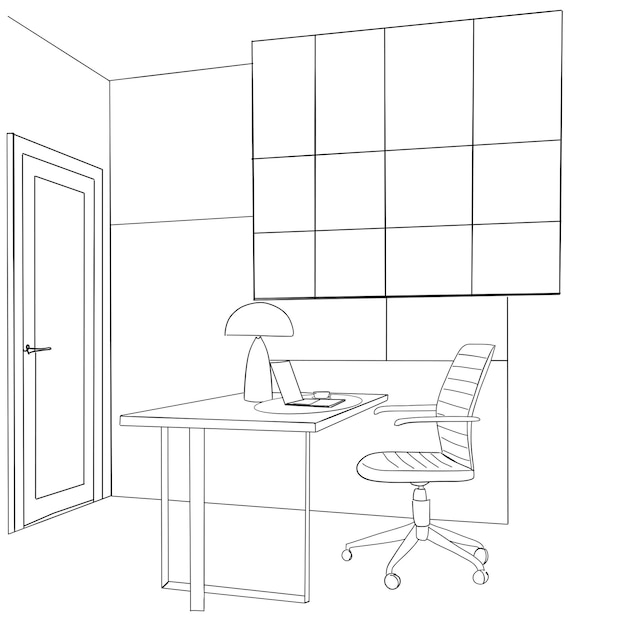 Silla de trabajo dibujada a mano y boceto de computadora