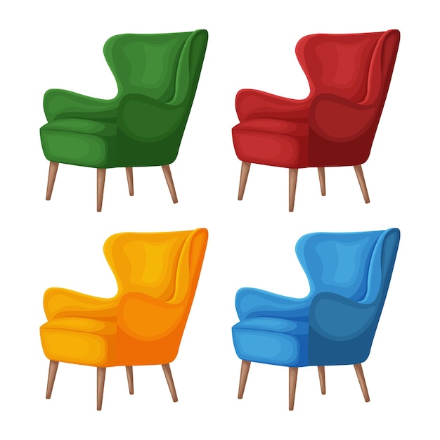 Sillas antiguas, cuatro sillones de estilo retro, rojo, verde, azul y amarillo, muebles tapizados para