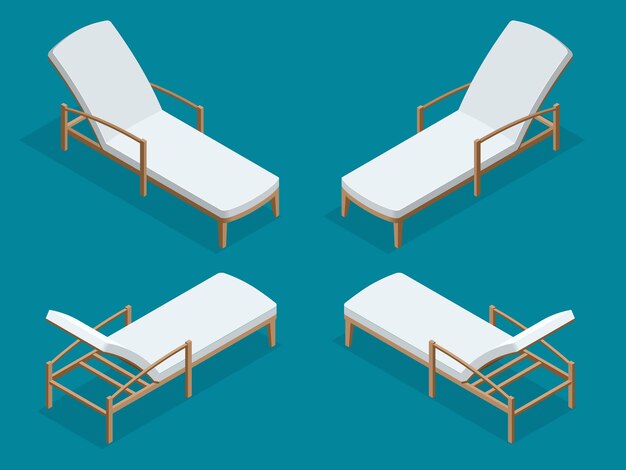 Sillas de playa aisladas sobre fondo azul. Chaise longue de playa de madera Ilustración de vector isométrica plana 3d