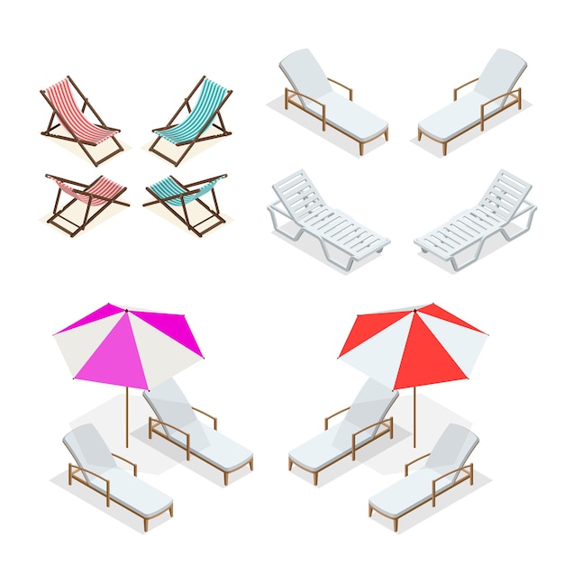 Sillas de playa aisladas sobre fondo blanco. Sillas de playa de madera y plástico. Ilustración isométrica vectorial plana 3d