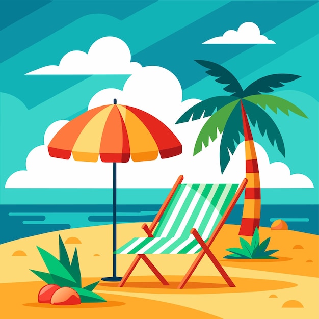 Sillas de playa paisaje vacaciones de verano sillas de vacaciones sombrillas dibujadas a mano planas elegantes