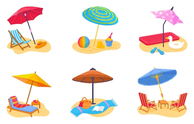 Sillas de playa y sombrillas Escenas de vacaciones de verano Viajes marítimos y descanso Paraguas de protección solar Juguetes de arena y toalla Concepto vectorial neotérico