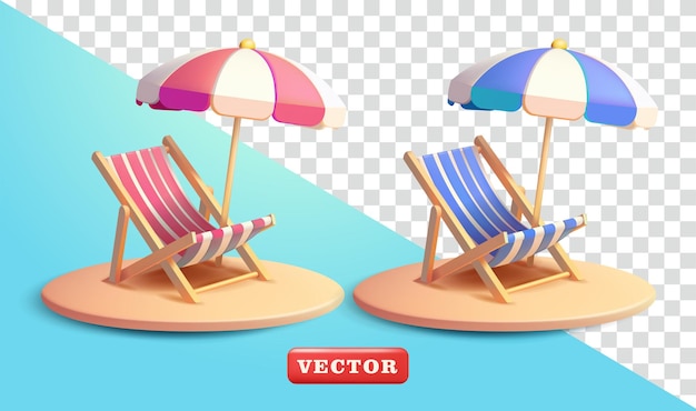 Sillas de playa y sombrillas vectoriales 3D adecuadas para vacaciones de negocios y elementos de diseño